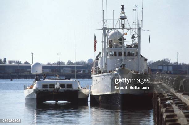 Jacques Cousteau, oceanographer, seen here aboard ship "Moulin a Vent>