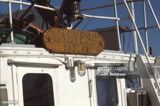 Jacques Cousteau, oceanographer, seen here aboard ship "Moulin a Vent>
