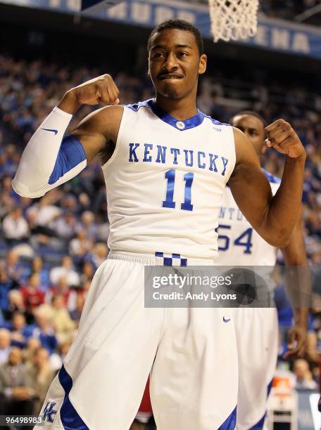 John Wall of the Kentucky Wildcats celebrates during the SEC game against the Arkansas Razorbacks on January 23, 2010 at Rupp Arena in Lexington,...