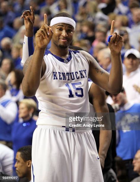 DeMarcus Cousins of the Kentucky Wildcats signals that his team is number one during the SEC game against the Arkansas Razorbacks on January 23, 2010...