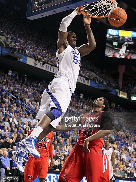 Patrick Patterson of the Kentucky Wildcats dunks the ball during the SEC game against the Ole Miss Rebels on February 2, 2010 at Rupp Arena in...