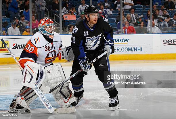 Jeff Halpern of the Tampa Bay Lightning tries to screen goaltender Dwayne Roloson of the New York Islanders at the St. Pete Times Forum on February...