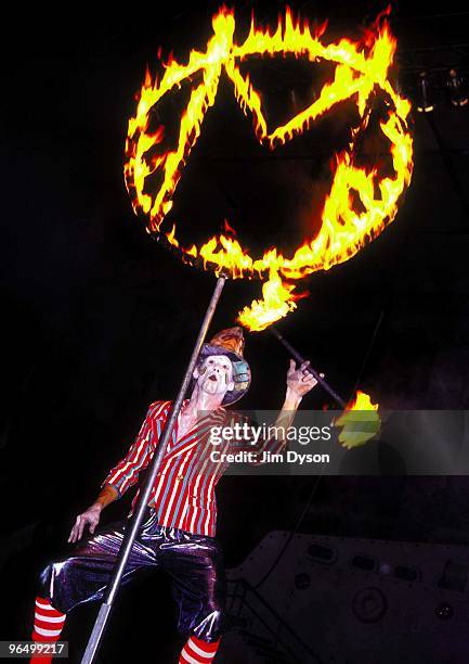 Clown performs during the opening night of the season for Manumission, at Privilege nightclub in June 2001, in Ibiza.