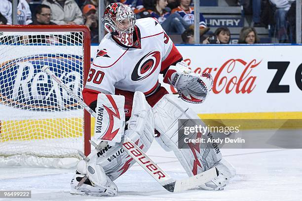 Cam Ward of the Carolina Hurricanes concentrates on the puck during a game against the Edmonton Oilers at Rexall Place on February 1, 2010 in...