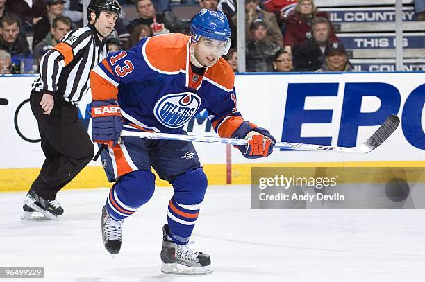 Andrew Cogliano of the Edmonton Oilers follows the play against the Carolina Hurricanes at Rexall Place on February 1, 2010 in Edmonton, Alberta,...