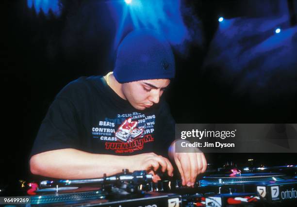 Samrai of Australia competes during the 2001 DMC World DJ Mixing Championship final at the Hammersmith Apollo in London, England.