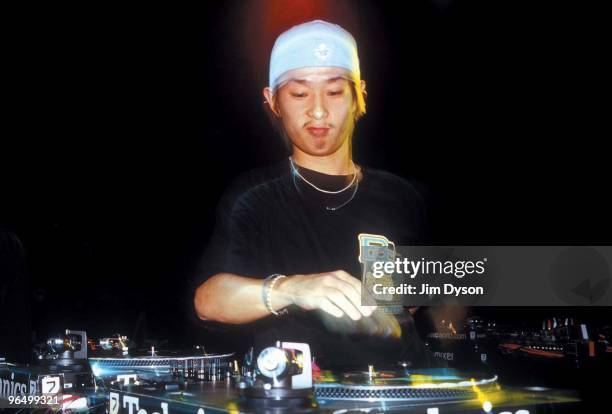 Kentaro of Japan competes during the 2001 DMC World DJ Mixing Championship final at the Hammersmith Apollo in London, England.