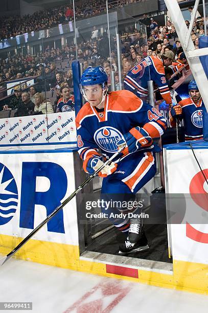 Alex Plante of the Edmonton Oilers steps on to the ice to paly in his first ever NHL game, the game came against the Carolina Hurricanes at Rexall...