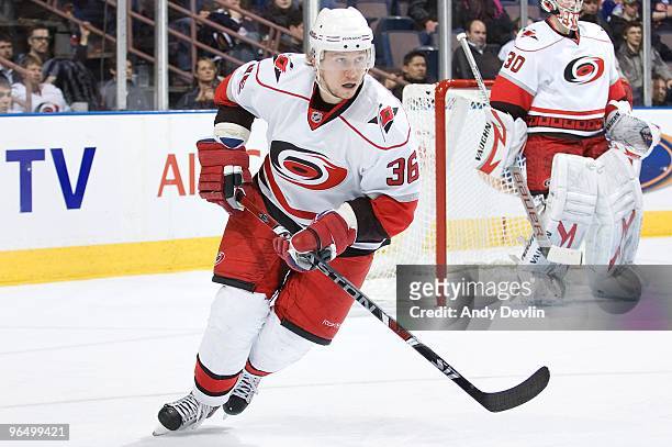 Jussi Jokinen of the Carolina Hurricanes skates against the Edmonton Oilers at Rexall Place on February 1, 2010 in Edmonton, Alberta, Canada. The...