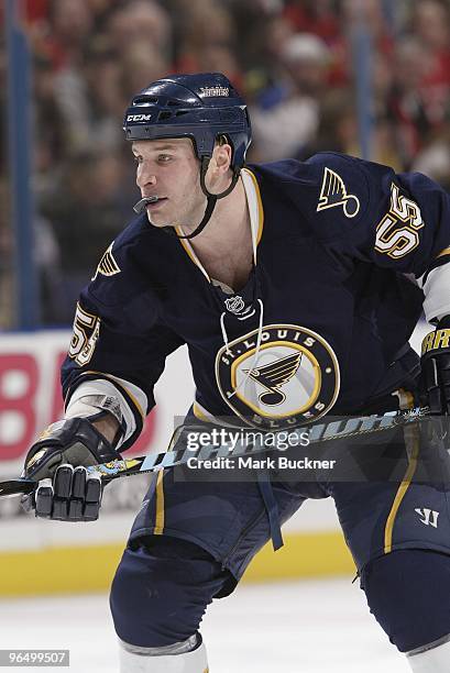 Cam Janssen of the St. Louis Blues waits for a face-off against the Chicago Blackhawks on February 6, 2010 at Scottrade Center in St. Louis,...