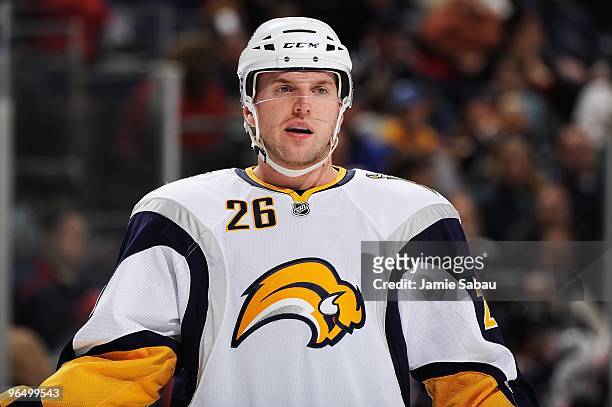 Forward Thomas Vanek of the Buffalo Sabres skates with the puck against the Columbus Blue Jackets on February 6, 2010 at Nationwide Arena in...