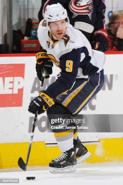 Forward Derek Roy of the Buffalo Sabres skates with the puck against the Columbus Blue Jackets on February 6, 2010 at Nationwide Arena in Columbus,...
