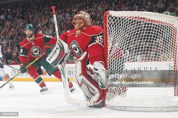 Anton Khudobin of the Minnesota Wild defends his goal against the Edmonton Oilers during the game at the Xcel Energy Center on February 4, 2010 in...