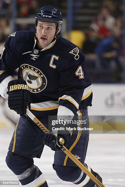 Eric Brewer of the St. Louis Blues skates against the Chicago Blackhawks on February 6, 2010 at Scottrade Center in St. Louis, Missouri. The...