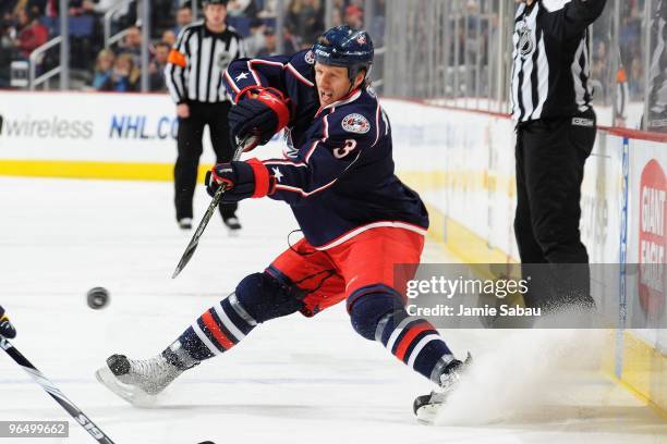 Defenseman Marc Methot of the Columbus Blue Jackets shoots the puck against the Buffalo Sabres on February 6, 2010 at Nationwide Arena in Columbus,...