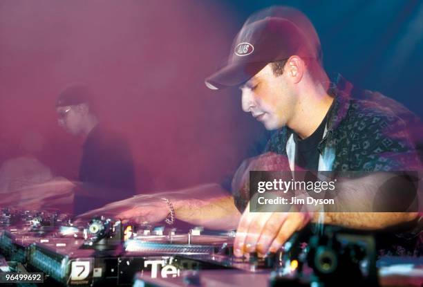 Team The Mixologists of the UK perform at the 2001 DMC World DJ Mixing Championship final at the Hammersmith Apollo in London, England.