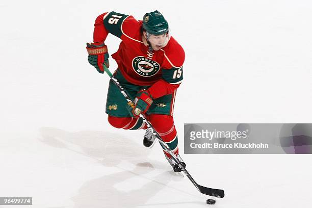 Andrew Brunette of the Minnesota Wild skates with the puck against the Edmonton Oilers during the game at the Xcel Energy Center on February 4, 2010...