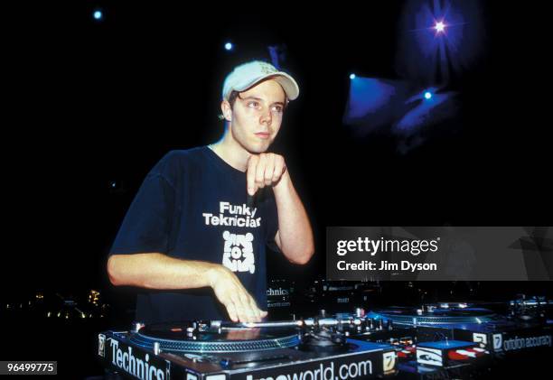 Jr Flo of Canada competes during the 2001 DMC World DJ Mixing Championship final at the Hammersmith Apollo in London, England.