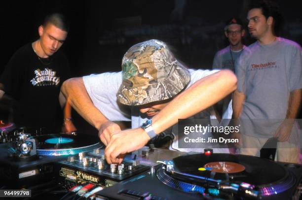 Craze and A-Trak of the USA win the team competition during the 2000 DMC World DJ Mixing Championship final at the Skyscape / Millennium Dome in...