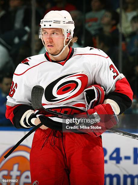 Jussi Jokinen of the Carolina Hurricanes skates against the New York Islanders on January 6, 2010 at Nassau Coliseum in Uniondale, New York....