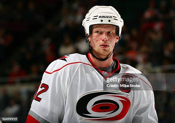 Eric Staal of the Carolina Hurricanes skates against the New York Islanders on January 6, 2010 at Nassau Coliseum in Uniondale, New York. Hurricanes...