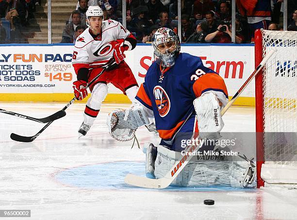 Goaltender Rick DiPietro of the New York Islanders skates against the Carolina Hurricanes on January 6, 2010 at Nassau Coliseum in Uniondale, New...