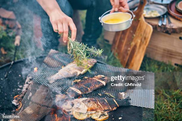 preparing fish for cooking over open campfire - picnic overhead stock pictures, royalty-free photos & images