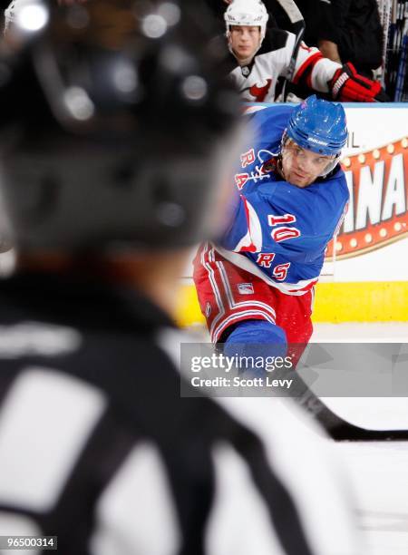 Marian Gaborik of the New York Rangers takes a shot against the New Jersey Devils on February 6, 2010 at Madison Square Garden in New York City. The...