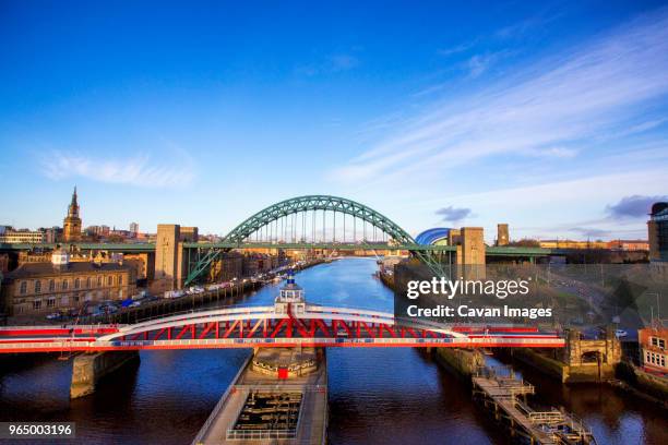 high angle view of tyne bridge over river against sky - tyne bridge bildbanksfoton och bilder