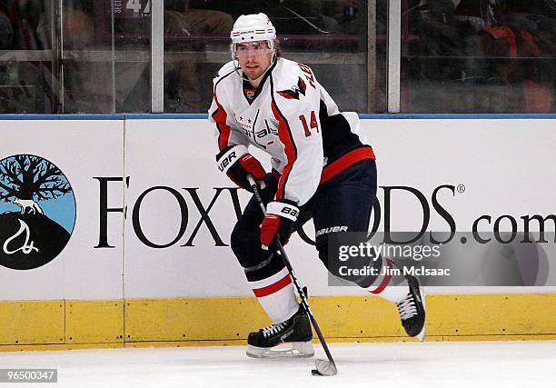 Tomas Fleischmann of the Washington Capitals skates against the New York Rangers on February 4, 2010 at Madison Square Garden in New York City. The...