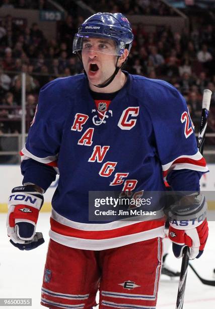 Chris Drury of the New York Rangers skates against the Washington Capitals on February 4, 2010 at Madison Square Garden in New York City. The...