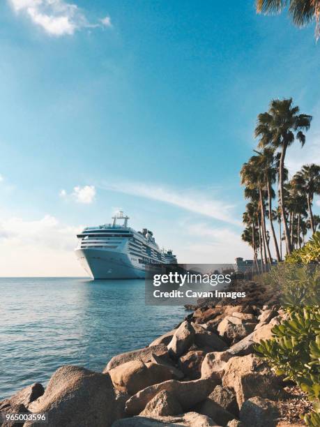cruise ship sailing on sea against blue sky - barco de cruzeiro imagens e fotografias de stock