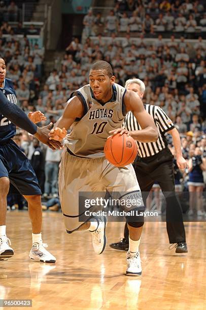 Greg Monroe of the Georgetown Hoyas dribbles the ball during a college basketball game against the Villanova Wildcats on February 6, 2010 at the...