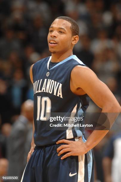 Corey Fisher of the Villanova Wildcats looks on during a college basketball game against the Georgetown Hoyas on February 6, 2010 at the Verizon...