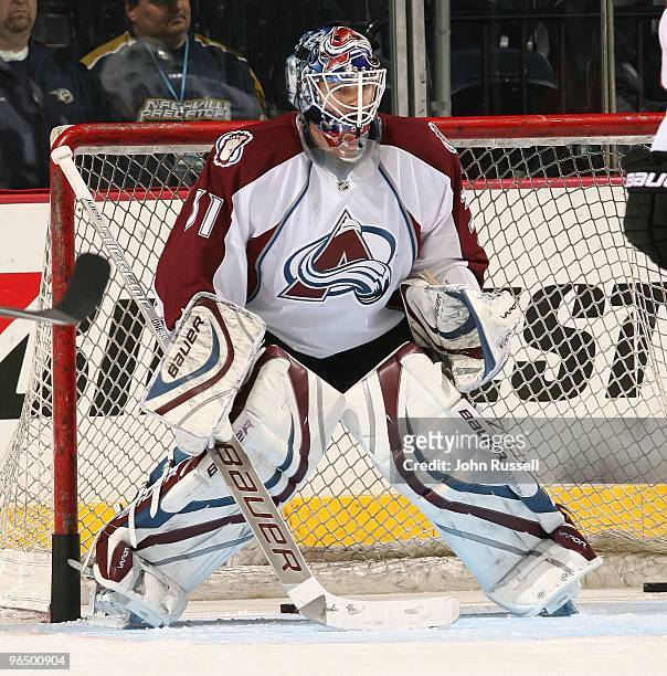 Peter Budaj of the Colorado Avalanche warms up prior to a game against the Nashville Predators on February 4, 2010 at the Sommet Center in Nashville,...