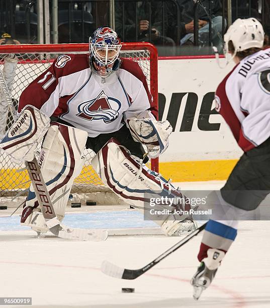 Peter Budaj of the Colorado Avalanche warms up prior to a game against the Nashville Predators on February 4, 2010 at the Sommet Center in Nashville,...