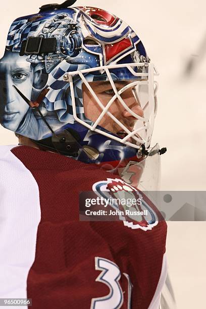 Peter Budaj of the Colorado Avalanche warms up prior to a game against the Nashville Predators on February 4, 2010 at the Sommet Center in Nashville,...