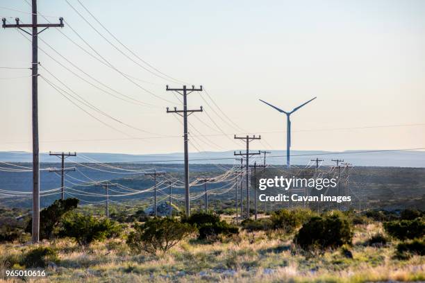 telephone poles on field against windmill - telephone pole stock pictures, royalty-free photos & images