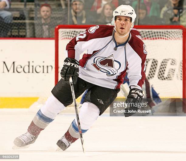 Scott Hannan of the Colorado Avalanche skates against the Nashville Predators on February 4, 2010 at the Sommet Center in Nashville, Tennessee. The...