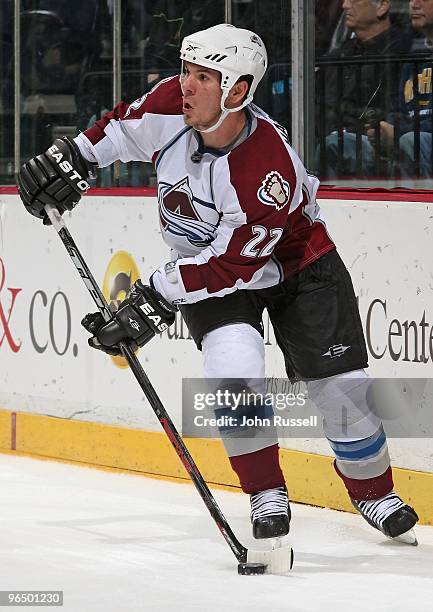 Scott Hannan of the Colorado Avalanche skates against the Nashville Predators on February 4, 2010 at the Sommet Center in Nashville, Tennessee. The...