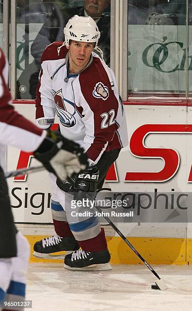 Scott Hannan of the Colorado Avalanche skates against the Nashville Predators on February 4, 2010 at the Sommet Center in Nashville, Tennessee. The...