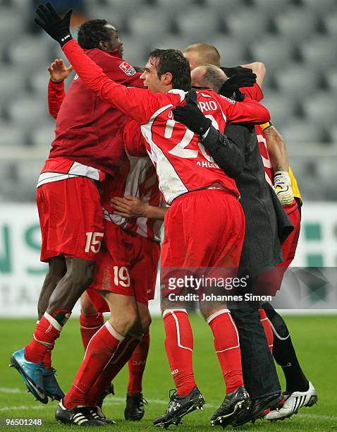 Players of Ahlen celebrate the 1-0 victory after the Second Bundesliga match between 1860 Muenchen and Rot Weiss Ahlen at Allianz Arena on February...
