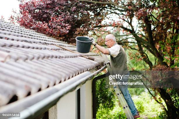 senior man stands on ladder and cleans a roof gutter - cleaning gutters stock pictures, royalty-free photos & images