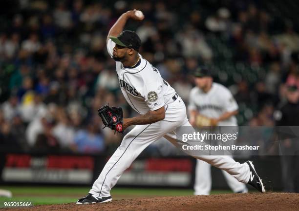 Reliever Juan Nicasio of the Seattle Mariners delivers a pitch during a game against the Minnesota Twins at Safeco Field on May 26, 2018 in Seattle,...