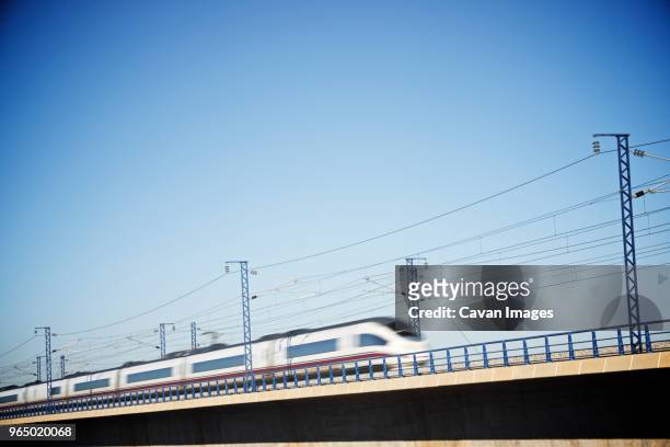 low angle view of high speed train against clear sky - high speed train stock-fotos und bilder
