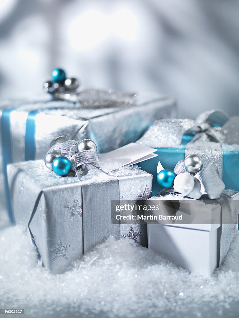 Christmas gifts with silver ribbon