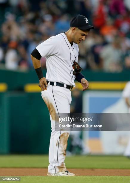 Jose Iglesias of the Detroit Tigers heads to his shortstop position during a game against the Chicago White Sox at Comerica Park on May 25, 2018 in...