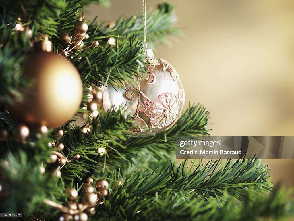 Close up of Christmas ornaments on tree