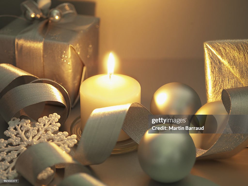 Christmas gifts, ornaments and candle