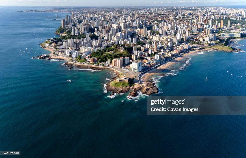 High angle view of cityscape amidst sea